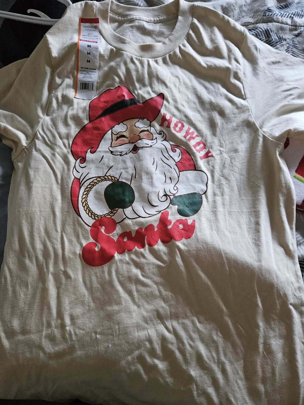 Celebrate It Cream Short Sleeve Tee with Red & Green Santa Graphic